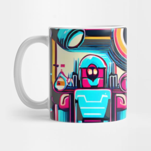 A piece that incorporates both retro and futuristic elements, such as robots and neon colors with a vintage twist. by maricetak